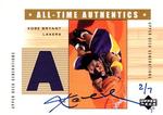 2003-04 Upper Deck Ultimate Collection - Autographed Buybacks #KB-A Kobe Bryant AU, MEM, SN7 2002-03 Upper Deck Generations - All-Time Authentics; MEM: Warm-Up