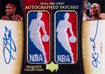 2004-05 Upper Deck Exquisite Collection - Dual NBA Logo Autographed Patches #LJ-KB LeBron James / Kobe Bryant AU, MEM, SN1